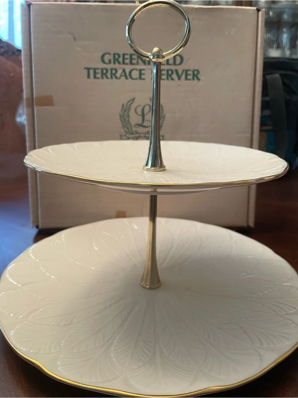 Lenox White and Gold Two-Tier Greenfield Server Stand